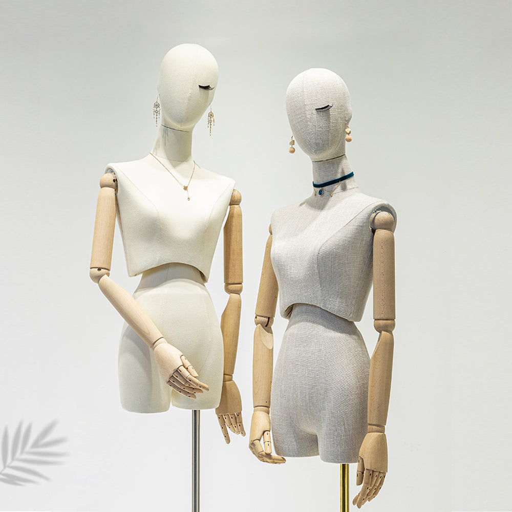 Jelimate Half Body Adult Female Mannequin Torso Display Wooden Arms Sexy Waist Linen Fabric Mannequin Stand Fashion Clothing Display Dress Form Display Dummy