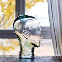 Lade das Bild in den Galerie-Viewer, Vintage Glass Mannequin Head | 1970s Green Glass dress form head hat | Life Size Glass Mannequin Bust | Spain Mannequin Display Decor
