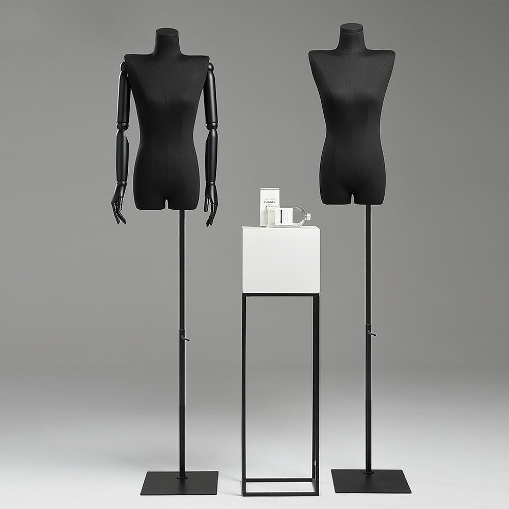 Half Body Female Display Dress Form Mannequin,Black Linen Fabric Mannequin Torso,Wooden Mannequin Arms,Clothing Mannequin Jewelry Holder Hat Holder