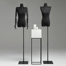 Load image into Gallery viewer, Half Body Female Display Dress Form Mannequin,Black Linen Fabric Mannequin Torso,Wooden Mannequin Arms,Clothing Mannequin Jewelry Holder Hat Holder
