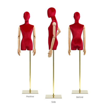 Jelimate Clothing Store Female Dress Form Torso Model Women Mannequin Upper Body Colorful Velvet Dress Form Clothing Display Mannequin With Wooden Arms