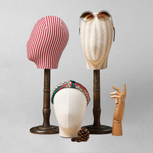 Load image into Gallery viewer, Female Mannequin Head with Wooden Stand, Luxury Fabric Head Mannequin, Hair Hat Wig Display Stand,Hat Block, Hat Holder,Manikin Head Kit
