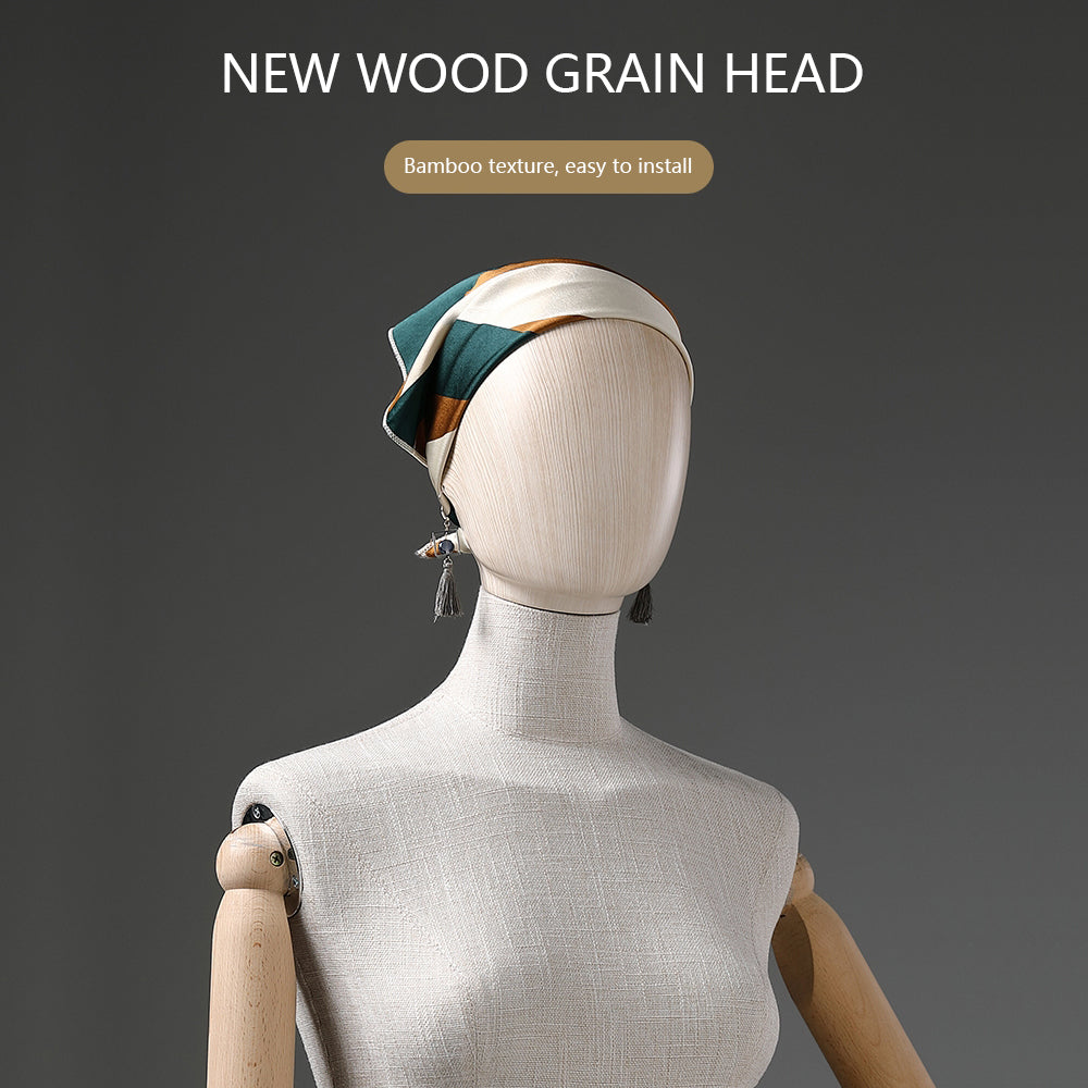 Jelimate High End Female Mannequin Torso With Wooden Arms,Grey Linen Dress Form Clothing Display Model Props,Wooden Mannequin Head with Earring Hole
