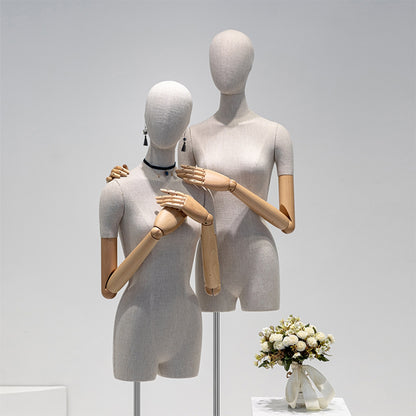 Jelimate Luxury Grey Linen Mannequin Torso Female Dress Form,Wedding Dress Form Model,Clothing Dress Form Dummy Head Manikin Torso With Wooden Arms