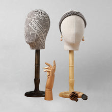 Load image into Gallery viewer, Female Mannequin Head with Wooden Stand, Luxury Fabric Head Mannequin, Hair Hat Wig Display Stand,Hat Block, Hat Holder,Manikin Head Kit
