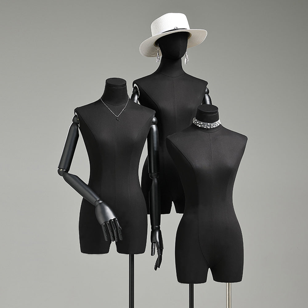 Half Body Female Display Dress Form Mannequin,Black Linen Mannequin Torso,Fashion Mannequin Head For Wigs,Hat Holder Jewelry Stand