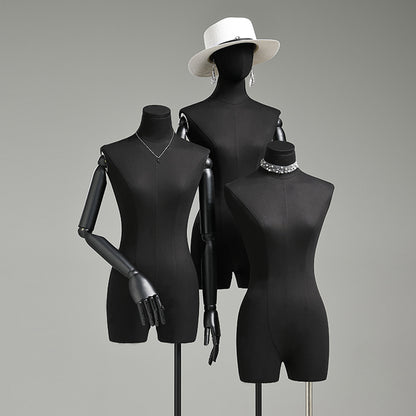 Maniquí de exhibición de medio cuerpo para mujer, torso de maniquí de lino negro, cabeza de maniquí de moda para pelucas, soporte para sombreros y joyas