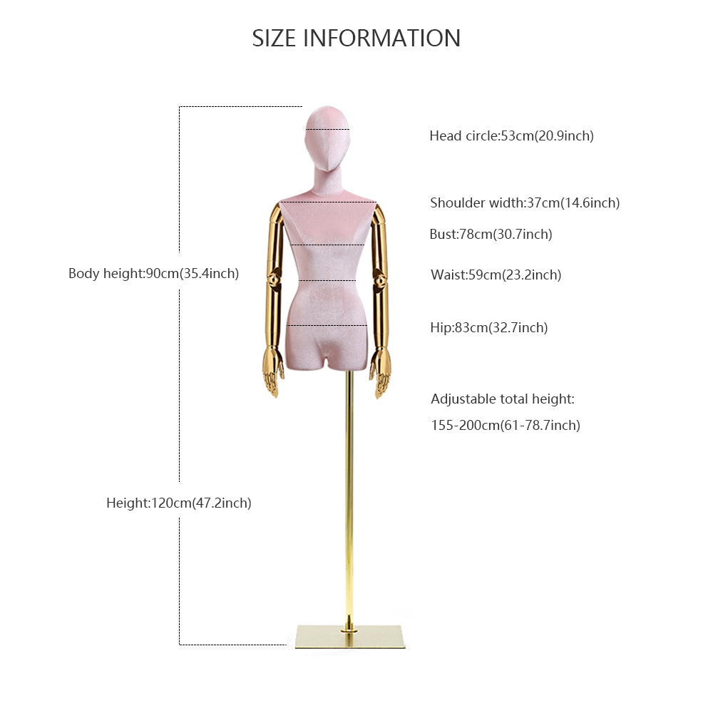 Luxury Half Body Female Display Dress Form Upper Body Lady Velvet Mannequin Torso with Plate Gold Silver Hand Fashion Adjustable Clothing Dress Mannequin