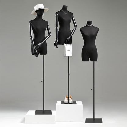 Maniquí de exhibición de medio cuerpo para mujer, torso de maniquí de lino negro, cabeza de maniquí de moda para pelucas, soporte para sombreros y joyas