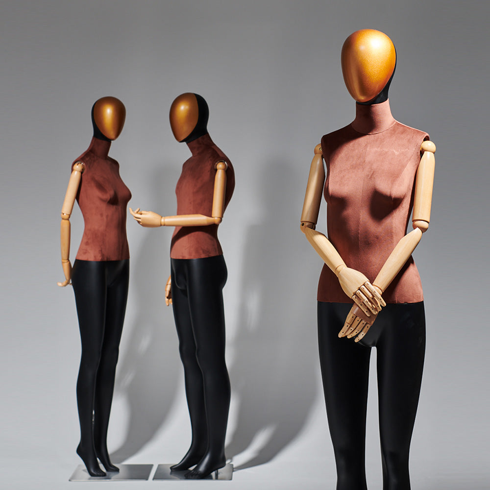 Jelimate High End Male Female Full Body Display Mannequin,Upper Bust Wrapping Brown Velvet Bottom Leg Painting Matte Black Dress Form with Wooden Arms