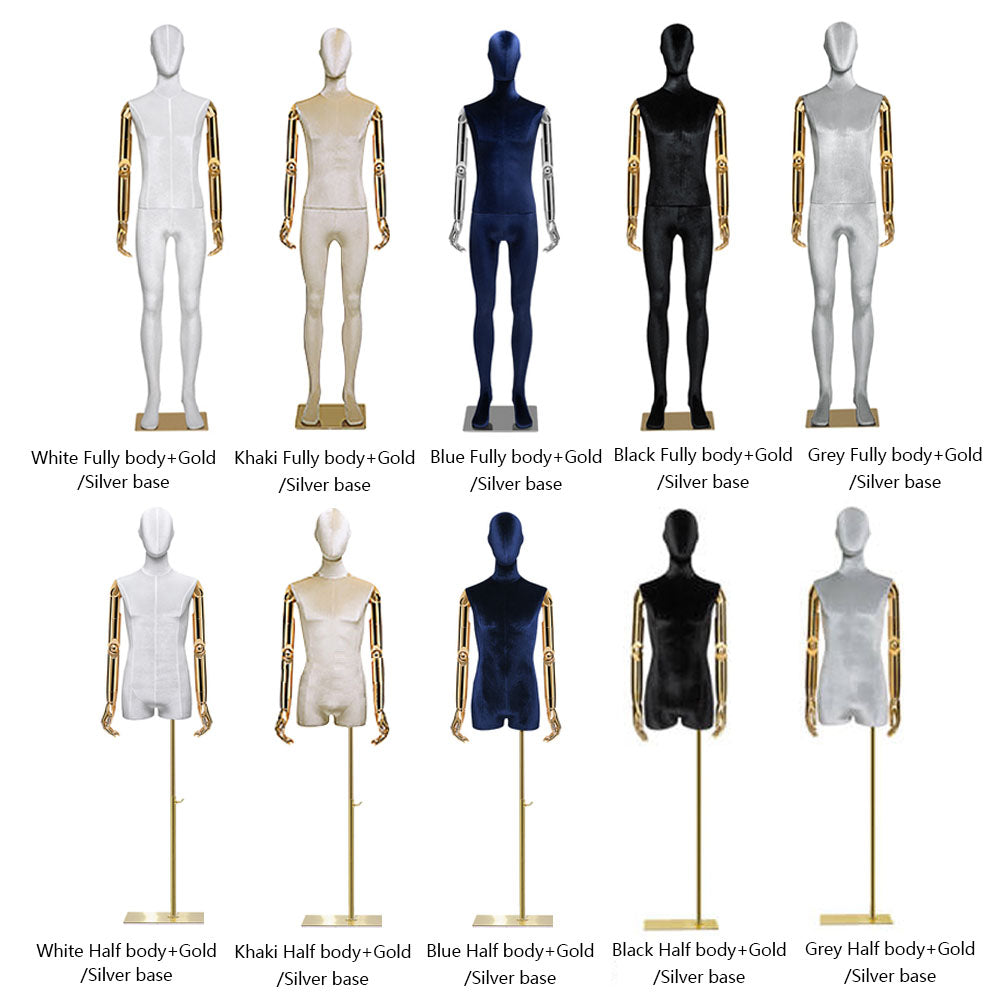 Jelimate Luxury Male Display Mannequin Full Body Dress Form ,Colorful Velvet Mannequin Torso Display Dummy,Gold Silver Hand Men Clothing Display Model Props