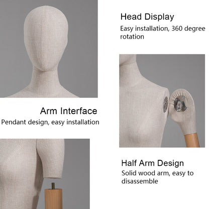 Jelimate Luxury Grey Linen Mannequin Torso Female Dress Form,Wedding Dress Form Model,Clothing Dress Form Dummy Head Manikin Torso With Wooden Arms