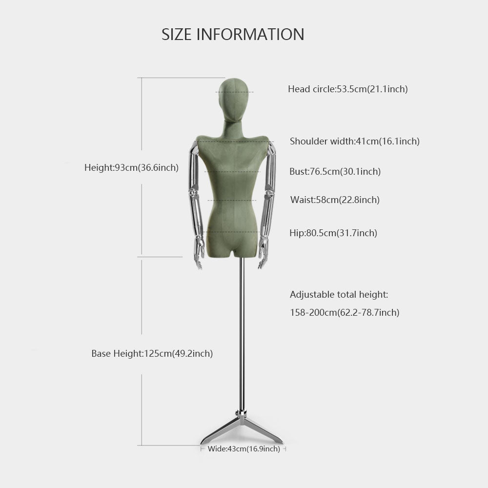Half Body Female Colored Velvet Mannequin Torso Clothing Store Upper Body Fashion Lady Display Dress Form Torso Silver Mannequin Hand Wig Head Dummy