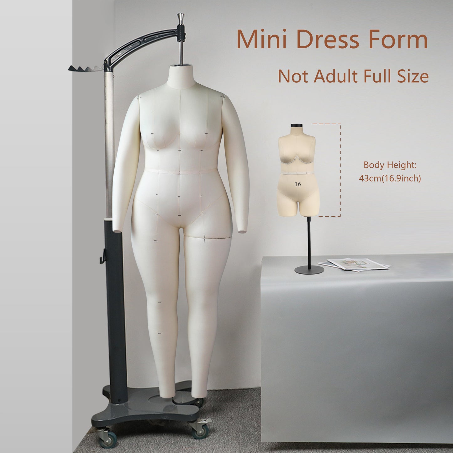 Jelimate Size 16 Female Plus Size Dress Form With Soft Arms,Half Scale Dress Form For Sewing,Mini Lingerie Mannequin Women Plus Size Mannequin