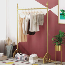 Load and play video in Gallery viewer, Jelimate Fashion Gold Clothing Rack,170 Height Metal Display Hangers,Boutique Decoration Clothing Shop Shelf,Golden Display Rack for Bedroom Display Clothing Stand
