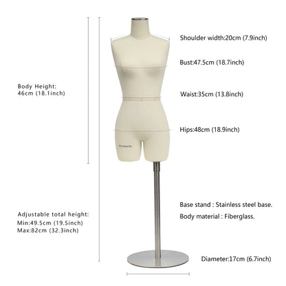 JMSIZE10 Half Scale Female Dress Form For Pattern Making,1/2 Scale Miniature Sewing Mannequin for Women,Mini Tailor Mannequin for Fashion Designer Fashion School Draping Mannequin