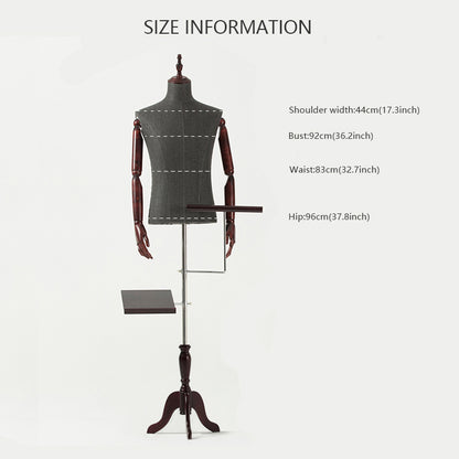 Gray Male Half Body Dress Form Mannequin Torso with Wooden Hands Men Fabric Mannequin Stand Pant Shoe Bag Clothes Display Rack