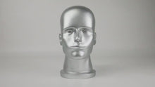 Load and play video in Gallery viewer, Silver Male Head Mannequin Stand Earphone Earplug Mask Helmet Sunglasses Holder Male Face Head Dress Form for Hat Fashion Wig Head Model
