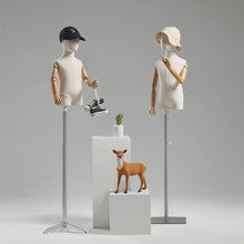 Load and play video in Gallery viewer, Jelimate Clothing Store Beige Kid Mannequin Torso Display,Canvas Mannequin Fabric Dress Form,Clothing Dress Form Child Model Wooden Arms Manikin Head

